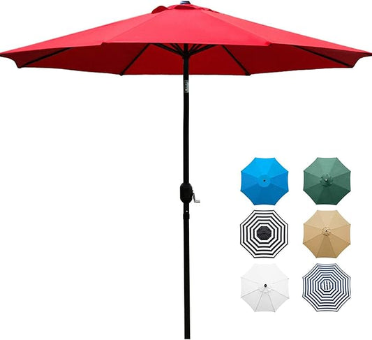 Sunnyglade 9' Patio Umbrella Outdoor Table Umbrella with 8 Sturdy Ribs (Red) | 18" 30.2-lbs Heavy Duty Round Antiqued Umbrella Base, Bronze