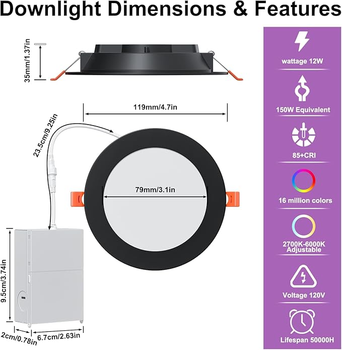 Black 24 Pack Smart Recessed Lighting 4 Inch RGBCW Color Changing 12W LED Downlight with Junction Box,1080 Lumen Recessed Ceiling Light Compatible with Alexa,Dimmable by Bluetooth Control