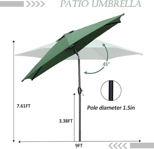HYD-Parts 9FT Patio Umbrella Outdoor Table Umbrella,Market Umbrella with Push Button Tilt and Crank for Garden, Lawn, Deck, Backyard & Pool, No Base (Green)
