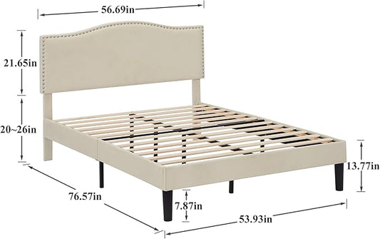 VECELO Full Bed Frame, Platform Bed Frame with Adjustable Height Upholstered Headboard, Heavy-Duty Frame and Strong Wooden Slats Support, Non-Slip and Noise-Free, Easy Assembly, Beige