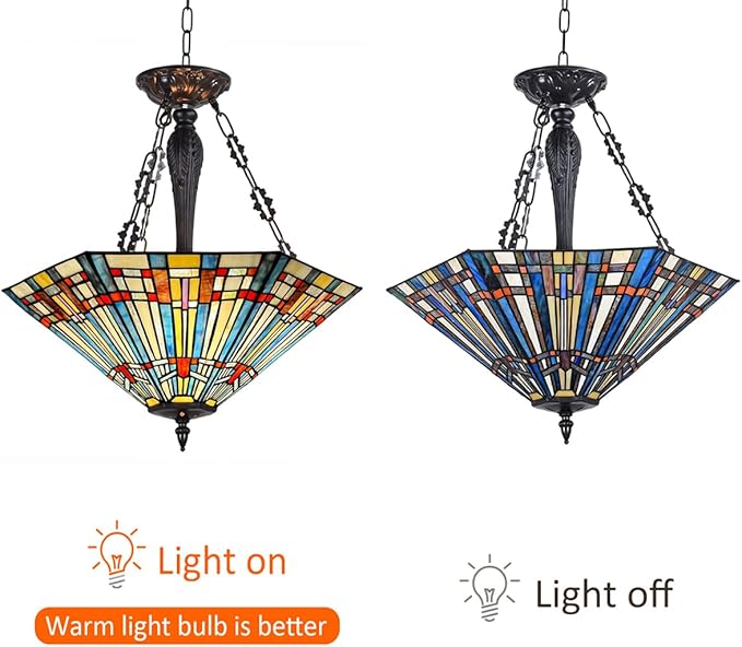 Tiffany Pendant Light Fixtures,22" Wide Stained Glass Inverted Ceiling Pendant for Dining Room,Antique Style 3 Lights Hanging Lamp for Living Room Kitchen Entryway