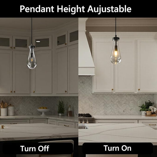Raindrop Pendant Lights Kitchen Island Set of 2, Black Rain Pendant Island Light DimmableTeardrop Pendant Lights Dining Room Height Adjustable Glass Waterdrop Pendant Light, E12 Bulb Included