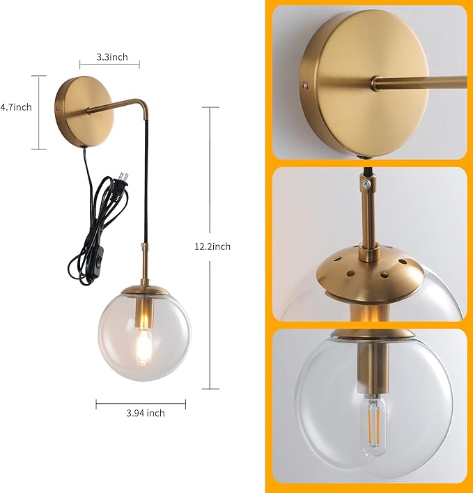 Wall Sconces Set of Two Plug in Wall Sconces Brushed Brass Gold Wall Lamp with Cord Wall Sconce Plug in with Globe Clear Glass Shade Sconces Set of 2 Wall Light Sconce