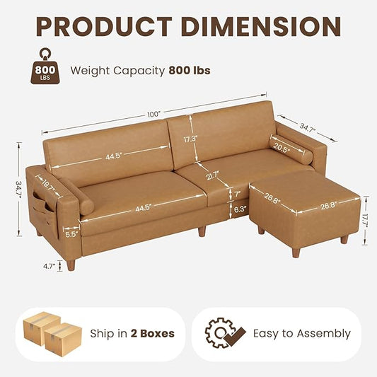 Vesgantti 100" Faux Leather Sofa with Movable Ottoman, L Shaped Wide Seating PU Leather Couch with Side Pocket, Comfy Mid Century Modern Modular Sectional Sofa for Living Room, Apartment, Cognac Tan
