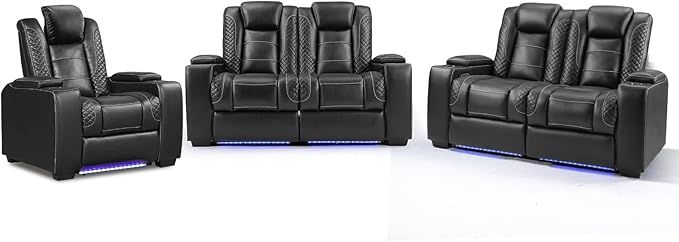 ANJ 2PCS Power Reclining Loveseat and 1PCS Recliner Chair with LED Lights, USB Charging & Cup Holders, Faux Leather Living Room Furniture for Home Theater, Small Spaces & RV (Black)