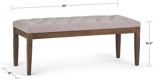 SIMPLIHOME Waverly Tufted Ottoman Bench - 48 inch Wide Upholstered Linen Look Fabric Rectangle Footstool Ottoman in Cloud Grey, Traditional Bench for Bedroom, Entryway or Living Room with Carved Legs