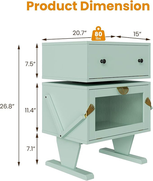 RoyalCraft Nightstand with LED Light Strips Set of 2, Green End Table with 360° Rotating Drawer, Modern Bedside Table with Glass Door Storage, Wood Night Stand Cabinet for Bedroom, Home Office, Green