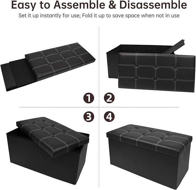 30 Inches Folding Storage Ottoman Bench, Faux Leather Footrest Ottoman, Storage Trunk Footstool for Bedroom, Living Room and Hallway, Support 350lbs, Black (White line)