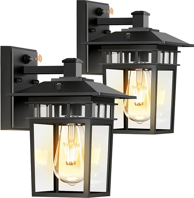 Dusk to Dawn Outdoor Wall Lights, Black Porch Lights with Rust-Resistant Aluminum & Tempered Glass, Exterior Lighting Fixtures 10.4" 2-Pack for House Patio Garage Front Door