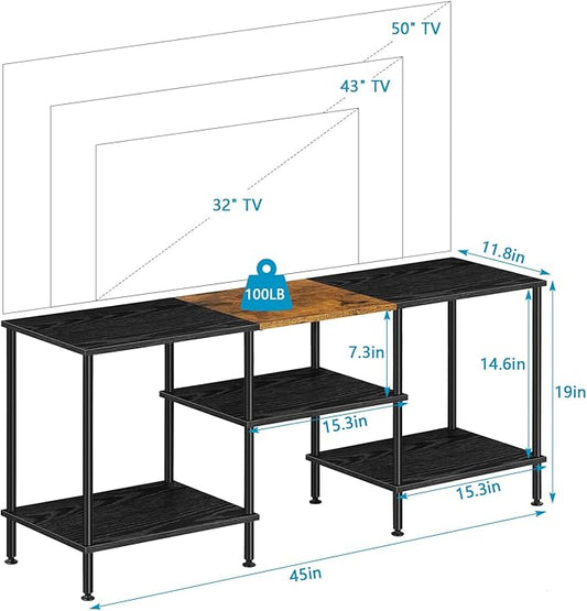 BTY 50 inch TV Stand 3 Tier Entertainment Center with Storage Shelves Small Tall Television Console Table with Metal Frame, Industrial TV Cabinet for Living Room Bedroom, Black