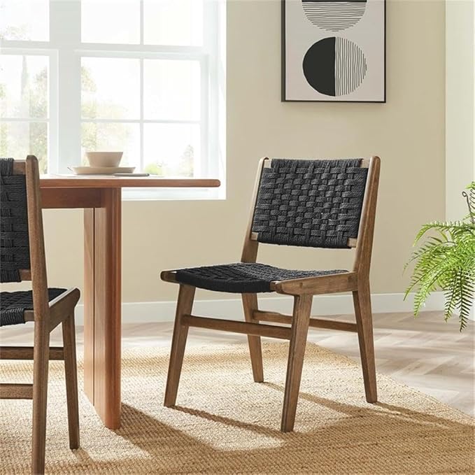 Modway Saoirse Woven Rope Wood Dining Side Chair in Walnutt Black
