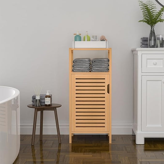 Bamboo Bathroom Storage Cabinet, Freestanding Floor Cabinet with Single Door for Living Room, Bedroom, Hallway, Kitchen