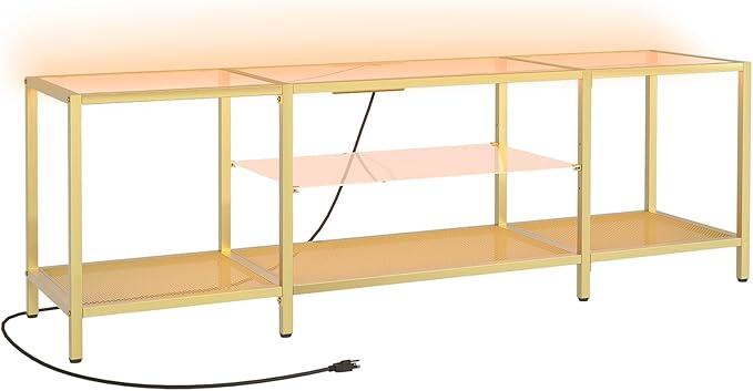 HOOBRO TV Stand with LED Lights and Power Outlets for TVs up to 75", Modern 63 Inch Tempered Glass TV Console Table with Open Shelves, Media Entertainment Center for Living Room, Gold GD165UDS01
