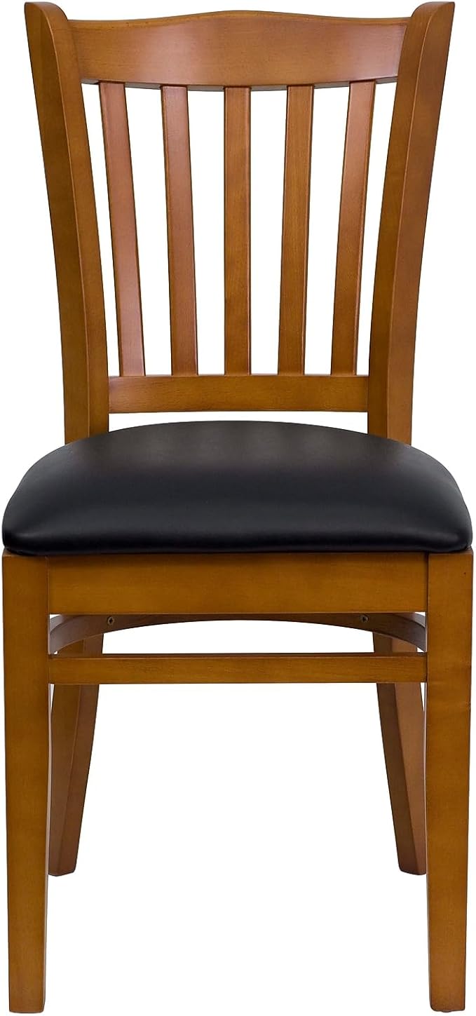 Flash Furniture 2 Pk. HERCULES Series Vertical Slat Back Cherry Wood Restaurant Chair - Black Vinyl Seat