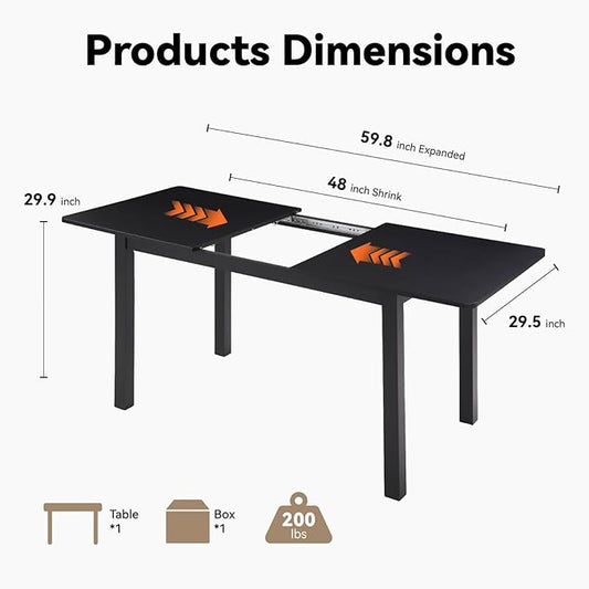 Dining Table, Extendable Kitchen Room Table for 4-8 People, 48"-59.8" Wooden Rectangle Expandable Table, Space Saving Modern House Dining Surface for Home Living Room Office, Black