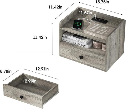 Floating Nightstand Set of 2 Modern Night Stands with Drawer and Open Shelf Cubby Small Bedside End Table with Charging Station Wall Mounted Nightstands Set 2 for Bedroom Grey