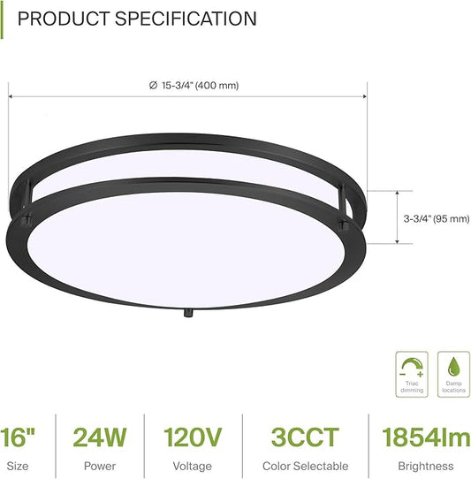 ASD LED 16" Round Flush Mount Lighting, Close to Ceiling Light Fixture | 3CCT, Dimmable, Energy Star, ETL Listed | 24W 1854LM 3000-5000K 120V | Low Profile Double Ring Lamp | Dark Bronze, 2 Pack