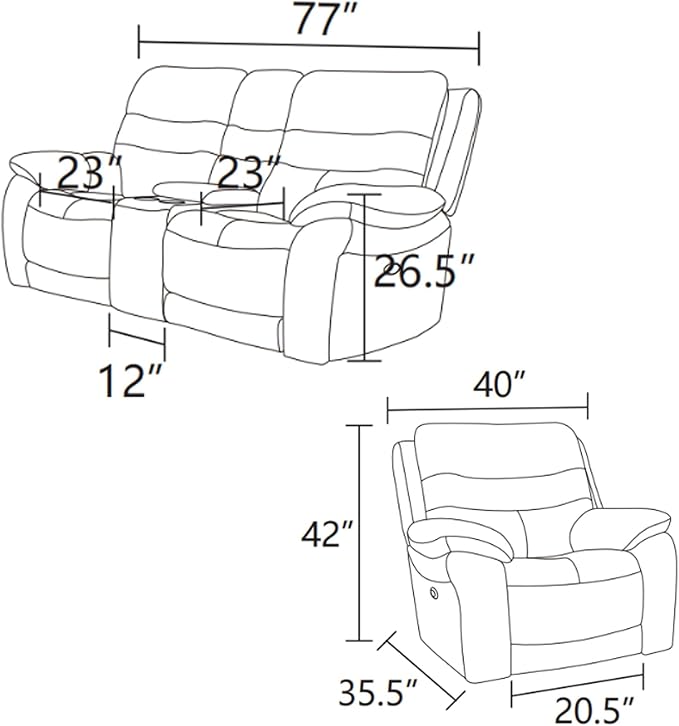 Power Reclining Sofa Set, Genuine Leather Recliner Sofa Set,Living Room Furniture Setwith USB Charging and LED Lights,for Living Room/Apartment/Office/Home Theather,Light Grey,2C+L
