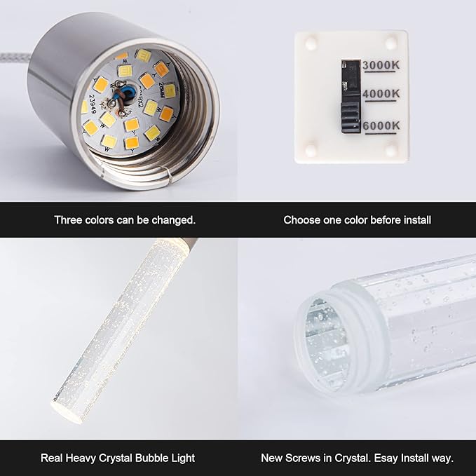 Modern Pendant Lights Kitchen Island,Brushed Nickel Crystal Chandelier Lights, Switch 3000-4000-6000K Dimmable Kitchen Pendant Lighting for Kitchen Island, Dining Room, Bar Counter