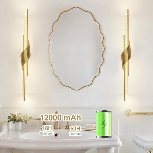 camuucci Battery Operated Gold Wall Sconces Set of Two,Modern Wireless Wall Lights,LED Rechargeable 12000mAh Not Hardwired Remote Control Dimmable Wall Lamp Fixtures for Bedroom 32 Inch