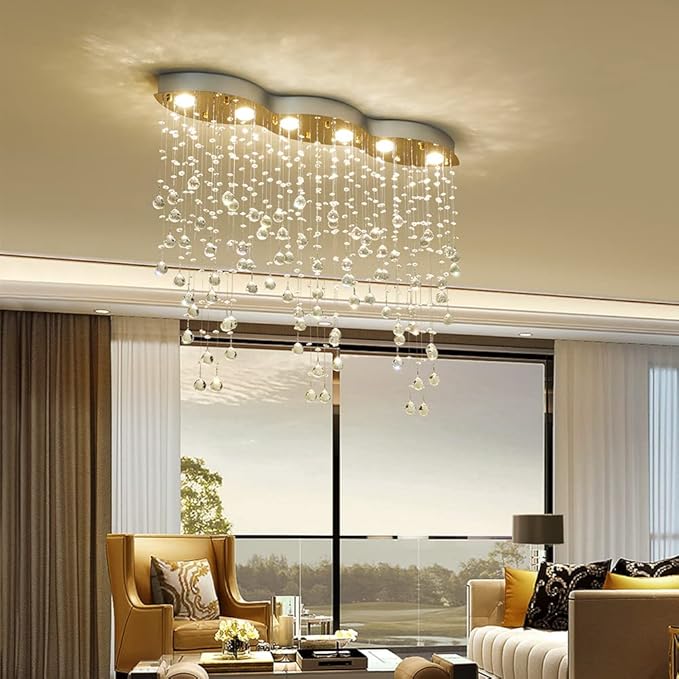 Saint Mossi 6 Light Modern Chandelier Crystal Chandelier Light Fixture,Modern Flush Mount Ceiling Light Fixtures Raindrop Chandelier Gold and Chrome Frame Chandlier Lamp,L39 x W8 x H31