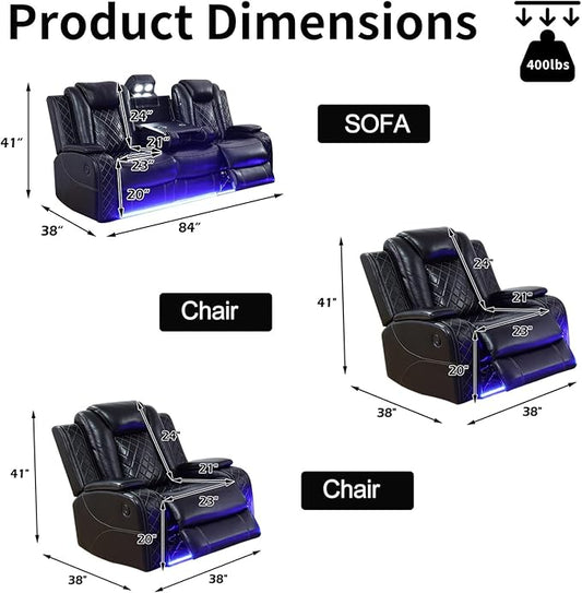 Power Leather Recliner Sofa Set with LED Light,Reclining Sofa and 2*Chairs Set with Coffee Table/USB Charger/Storage,Luxury Leather Couch for Living Room/Home Theater(3+1+1 Seats,Black)