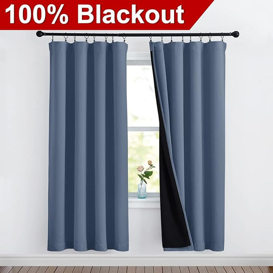 NICETOWN Full Shade Curtain Panels 72 inches Long, Pair of Energy Smart & Noise Blocking Out Blackout Drapes for Guest Room Window, Thermal Insulated Lined Window Dressing (Stone Blue, 52 inch)