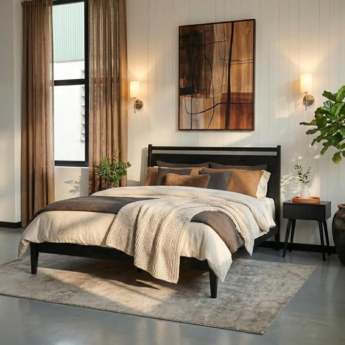 NTC Adept Wooden Bed Frame with Headboard, Solid Oak and Rubber Wood Foundation with Silent Slats and Wood Central Supports, 1000 Lb Capacity, Effortless Assembly, King - Burnt Black