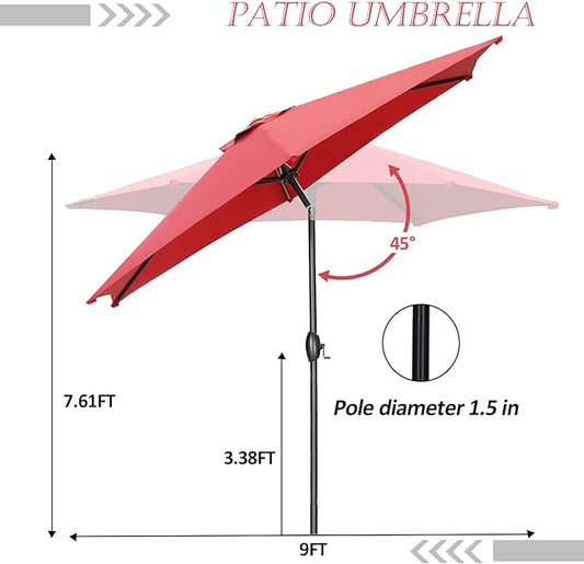 HYD-Parts 9FT Patio Umbrella Outdoor Table Umbrella,Market Umbrella with Push Button Tilt and Crank for Garden, Lawn, Deck, Backyard & Pool, No base (Red)