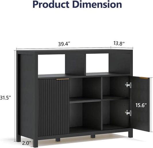 Sideboard Buffet Storage Cabinet, Modern Wood Sideboard with 2 Fluted Doors, Coffee Bar Buffet Table with 4 Large Open Shelf, Accent Storage Cabinet for Living Room Entryway, Black