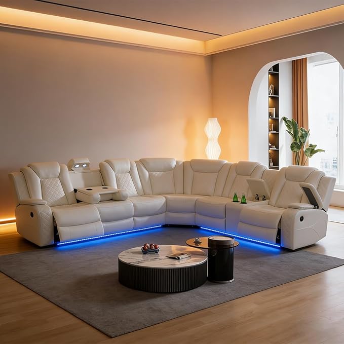 Power Reclining Sectional Sofa Set with LED, Living Room Furniture Sets, Leather Recliner Couch for Living Room/Home Theater, Sectional Couch and Chair with 4 Recliners, USB Port/Hide-Away Storage