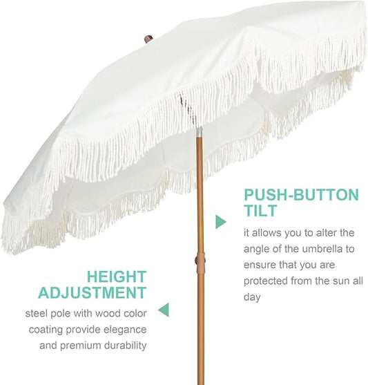AMMSUN Boho Fringe Umbrella Outdoor Patio, 6.5ft UPF50+ Picnic Umbrella with Tassels with Steel Pole and Push Button Tilt, Antique White