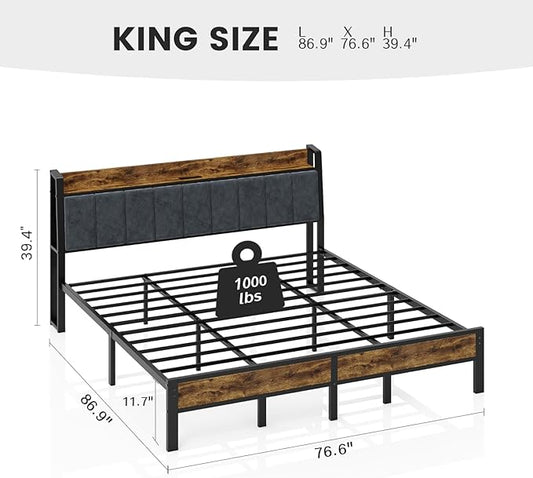 King Size Bed Frame with Charging Station, Storage Headboard with Smart LED Lights, Metal Platform Bed Frame with USB Ports, Noise Free, No Box Spring Needed, Easy Assembly
