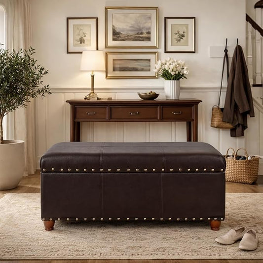 HomePop Espresso Faux Leather Storage Cocktail Bench with Nailhead Trim