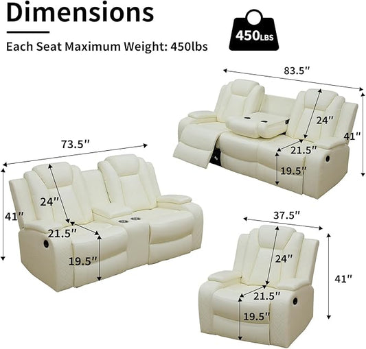 Power Leather Recliner Sofa Set with LED Light,Leather Couch Set for Reclining Sofa with Drop-Down Table/Loveseat with Storage Console/Single Chair 3 PCS Living Room Furniture(White,3+2+1)