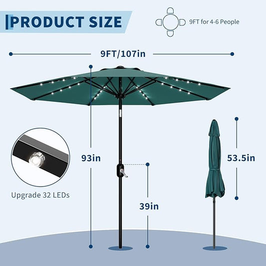Patio Umbrella with Solar Lights, Outdoor Table Umbrella with 8 Durable Ribs, Tilt & Crank Mechanism, Water & UV Protection Sun Shade Umbrella for Garden, Poolside, Backyard (Turquoise, 9 FT)