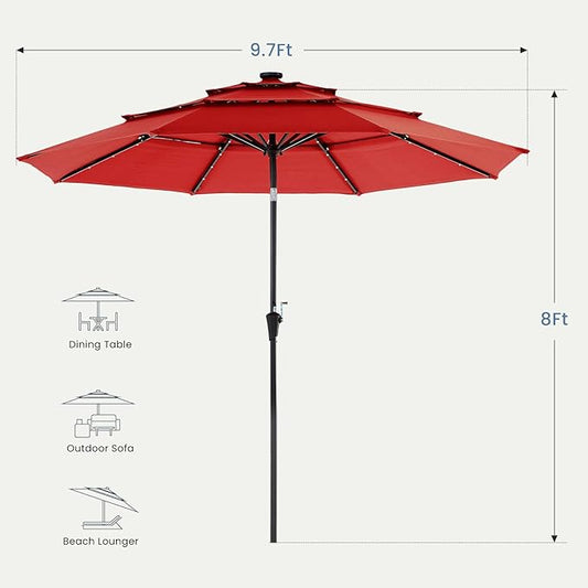 DUMOS 10FT 3-Tier Outdoor Patio Umbrella with 32 LED Lights & Crank, 8 Sturdy Ribs Table Umbrella for Pool, Market, Terrace, Beach and Outdoor Restaurant, Scarlet