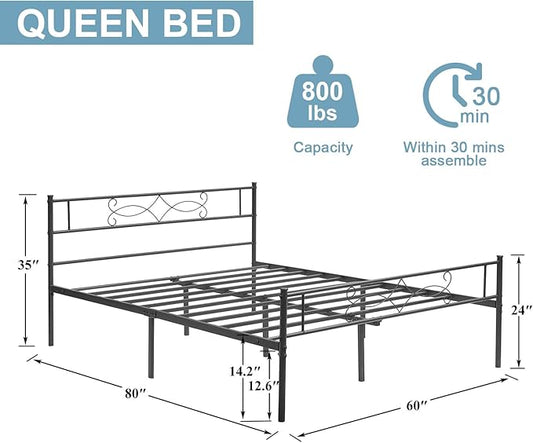 VECELO Queen Size Metal Platform Bed Frame with Headboard/Premium Steel Slat Support/No Box Spring Needed/Noise-Free Anti-Slip/Easy Assembly