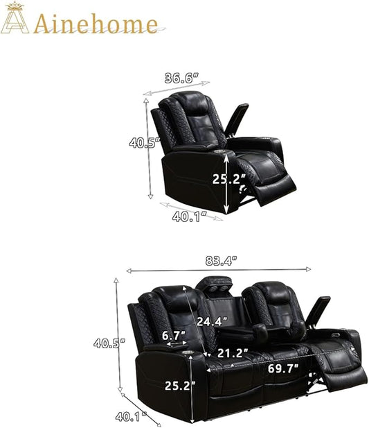 A Ainehome Power Leather Recliner Sofa Set with LED Lights, Recliner Sofa Sectional Couches for Living Room, Reclining Sofa, loveseat, Chair with USB Port/Storage Console/Cup Holder(Black,Sofa+Chair)