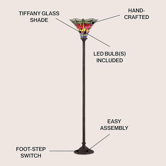 JONATHAN Y 71" Bronze/Green Dragonfly Tiffany-Style LED Floor Lamp, Traditional Standing Light for Living Room, Multi-Color Stained Glass Shade, LED Bulb Included (JYL8002B)