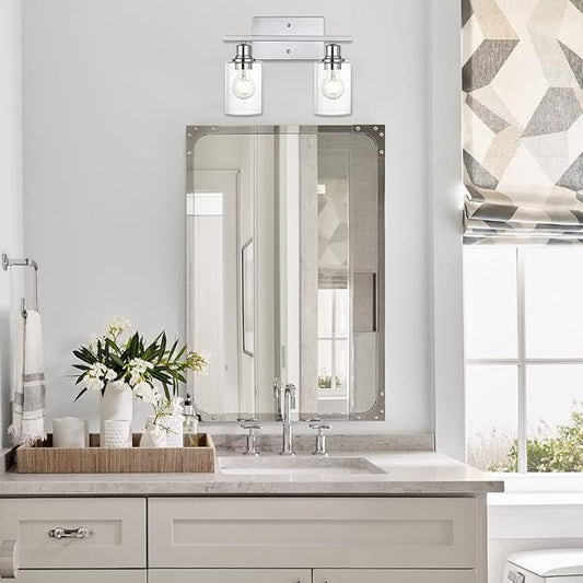 VINLUZ Bathroom Light Fixtures in Chrome Finish,2 Light Industrial Indoor Wall Sconce with Clear Glass Shade Metal Vanity Lighting Over Mirror Bulb Not Included