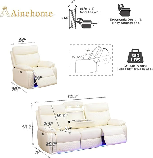 A Ainehome Power Leather Recliner Sofa Set with LED Lights, Recliner Sofa Sectional Couches for Living Room, Reclining Couch, Chair with USB Port/Storage Console