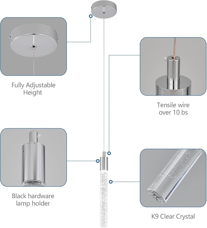 Modern Kitchen Island Pendant Light Dimmable LED Chrome Finish Mini Crystal Pendant Lighting Bedroom Bedside Table Small Pendant Lights(1-Pack)