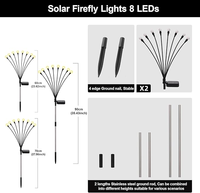 Swaying Solar Firefly Lights Outdoor, 8 Modes 800mAh Firefly Swaying Solar Garden Lights Waterproof for Outside Plant Yard Patio Pathway Christmas Garden Decor Flashing Warm White(2 Pack)