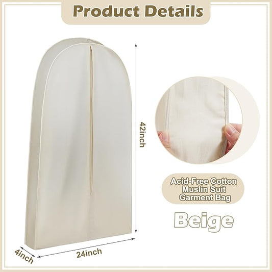 42 Inch Acid Free Cotton Muslin Suit Garment Bag Long Dress Suit Storage Box Closet Organizer for Suits, Coats, Travel Bag