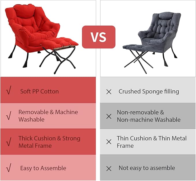 Lazy Chair with Ottoman, Modern Chair with Folding Footrest, Red Accent Chair, Comfortable Reading Chair, Oversized Armchairs for Bedroom, Study, Living Room, Courtyard