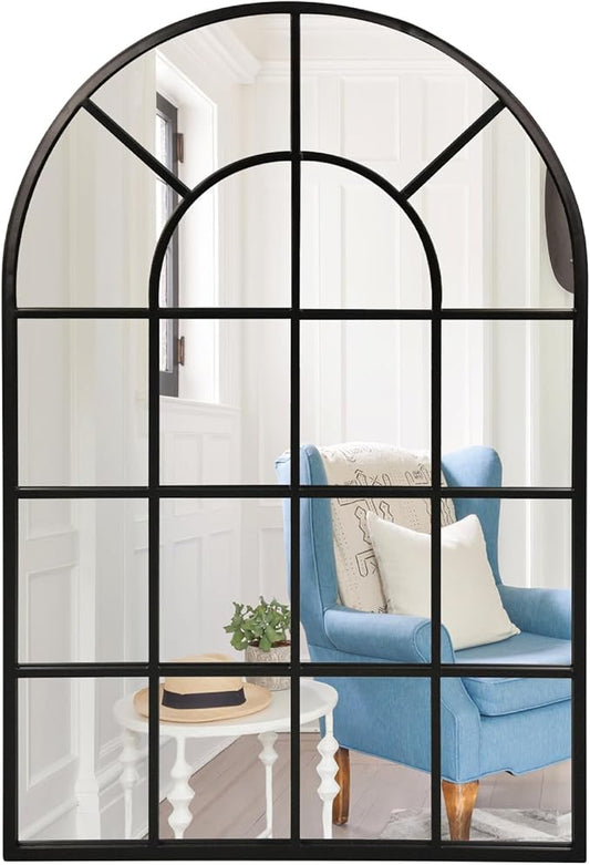 Black Arched Window Mirror, Large Window Pane Mirror, Metal Framed Windowpane Mirrors, 24" X 36" Arched Wall Mirrors for Wall Decor, Entryway, Living Room