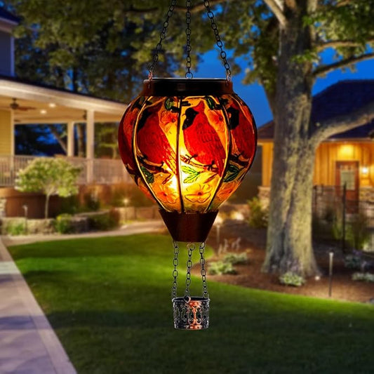 DREAMSOUL Cardinal Hot Air Balloon Solar Lantern, Hanging Solar Lanterns Outdoor with Flickering Flame Light, Glass Outdoor Lantern Waterproof for Patio Yard Party Gift Decor