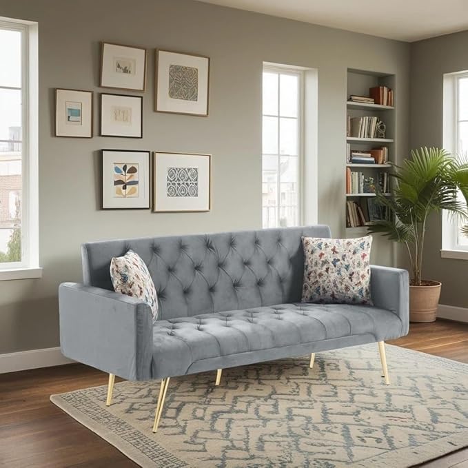 Futon Sofa Bed, Convertible Futon Couch with Adjustable Backrest, 68.31” Folding Sofa Bed with 2 Pillows & Metal Legs, Sleeper Loveseat with Armrest for Home Office, Dark Gray