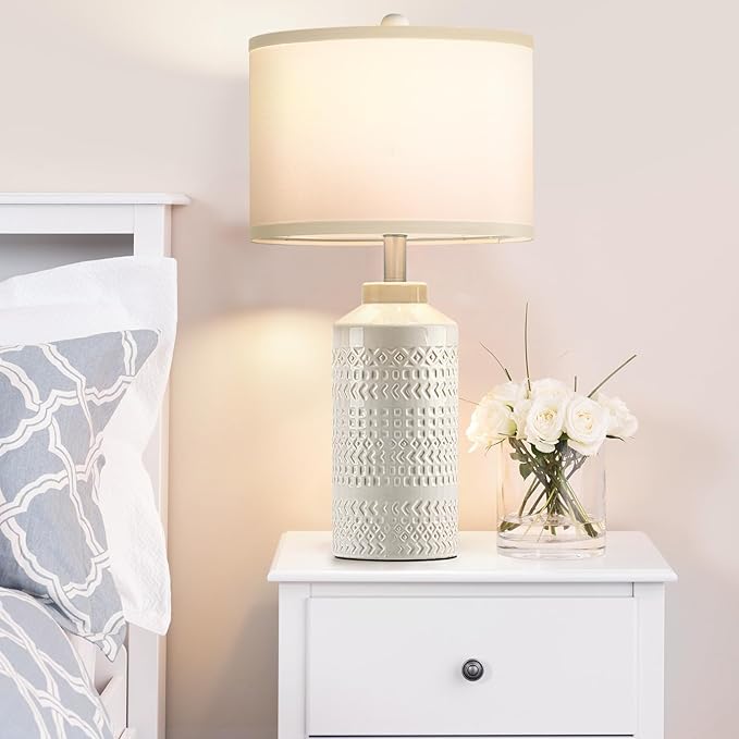 Set of 2 Modern Cream White Ceramic Table Lamps, 23.5" Elegant Farmhouse Bedside Lamps with White Linen Shade, Vintage Nightstand Lamps for Bedroom, Living Room & Entryway (Bulbs Not Included)